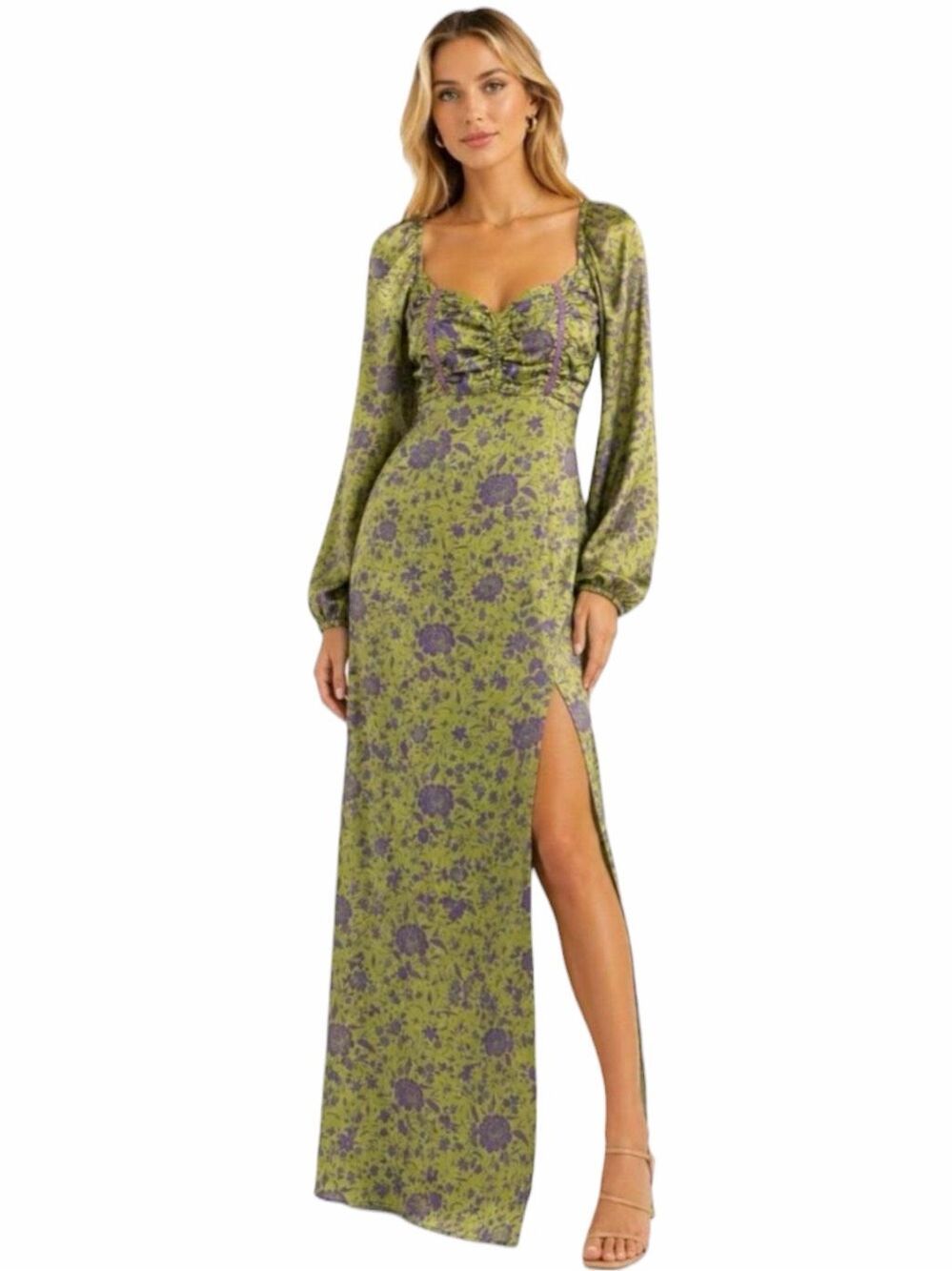 URBAN OUTFITTERS UO Kitty Ruched Bodice Floral Midi Dress Green Purple XS